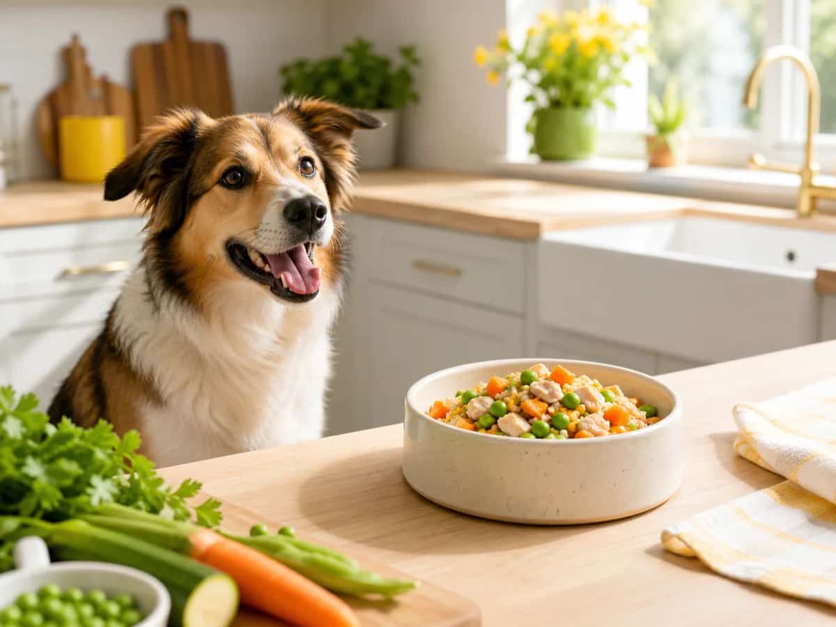 A happy dog beside a fresh homemade dog-friendly bowl in a bright kitchen