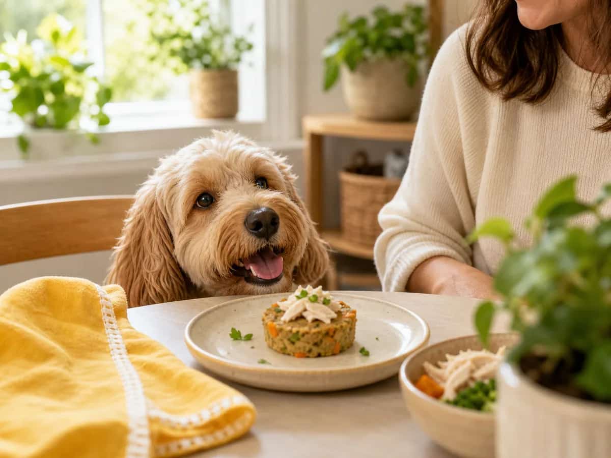 A happy dog waiting beside a small homemade treat at a sunny table