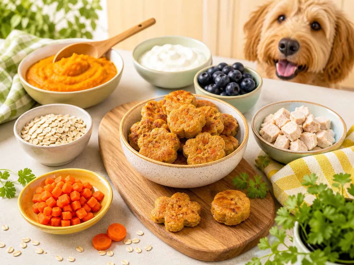 A bright spread of homemade dog-safe treats and colorful safe ingredients