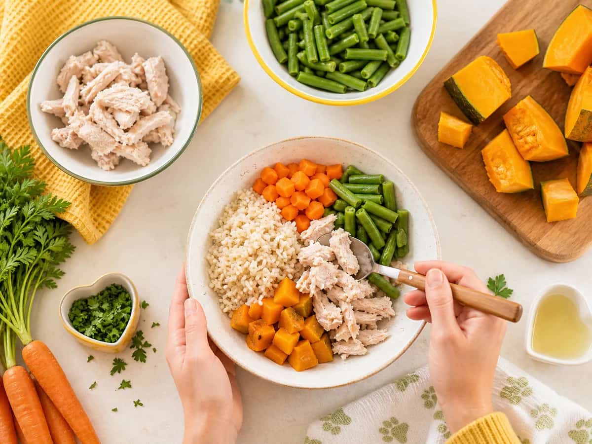 Hands preparing a dog-friendly meal with rice, chicken, carrots, green beans, and squash