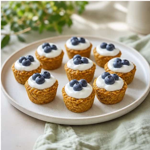 Small homemade dog-safe treats surrounded by oats, pumpkin, yogurt, and blueberries