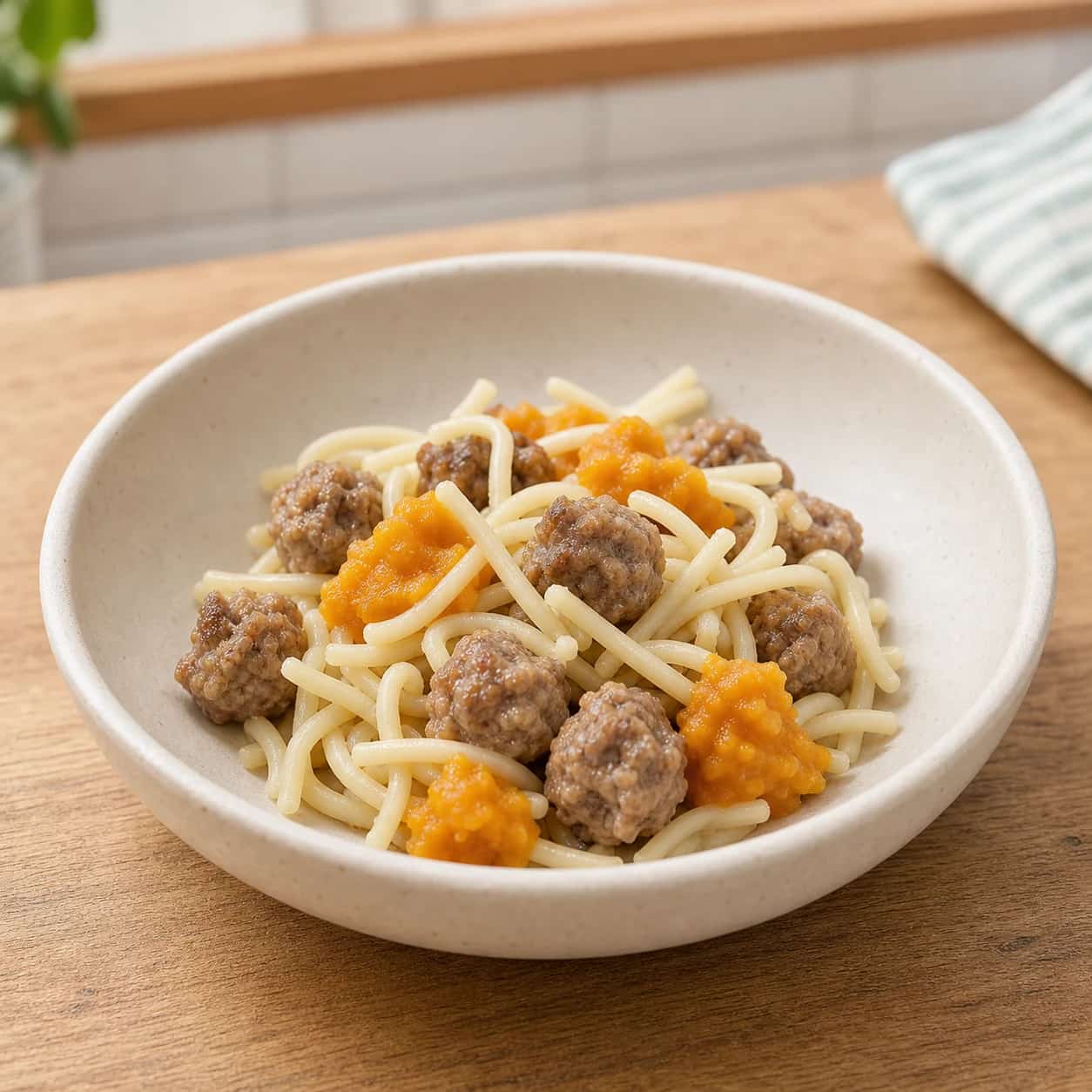 A dog-friendly dinner bowl being portioned with cooked chicken, rice, carrots, and green beans