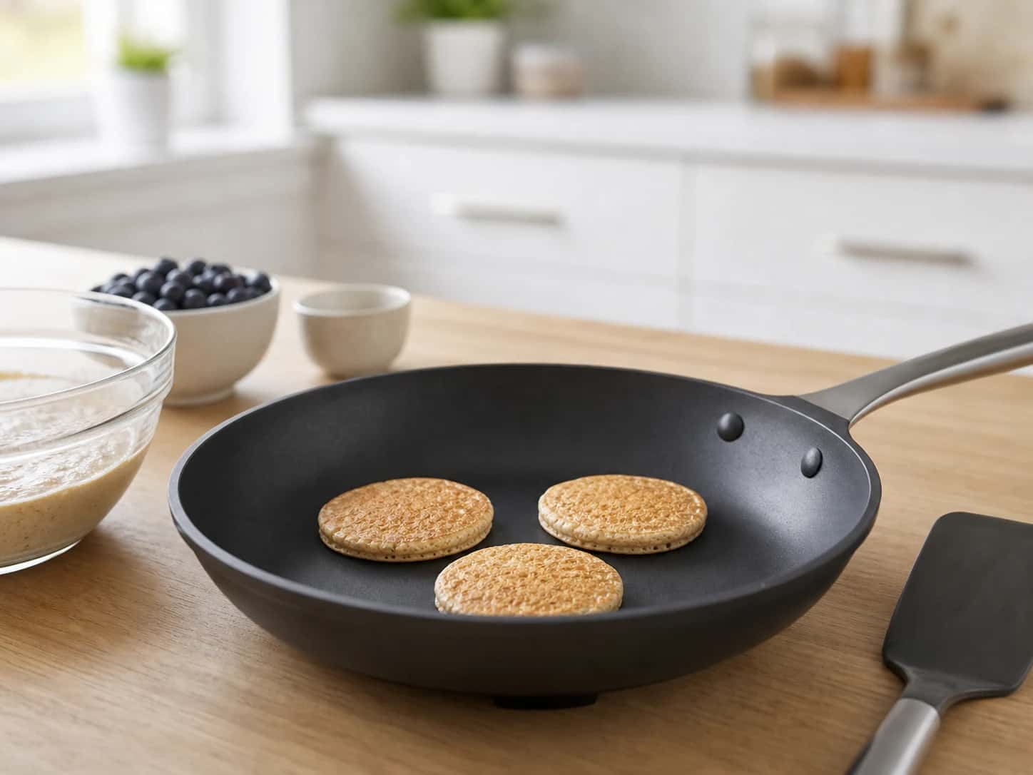 Step 3: Warm a reliable nonstick skillet over low heat. Spoon three equal miniature pancakes into the dry skillet, each about 4 to 5 cm wide. Cook for 2 to 3 minutes until the edges look dry and the bottoms release easily.