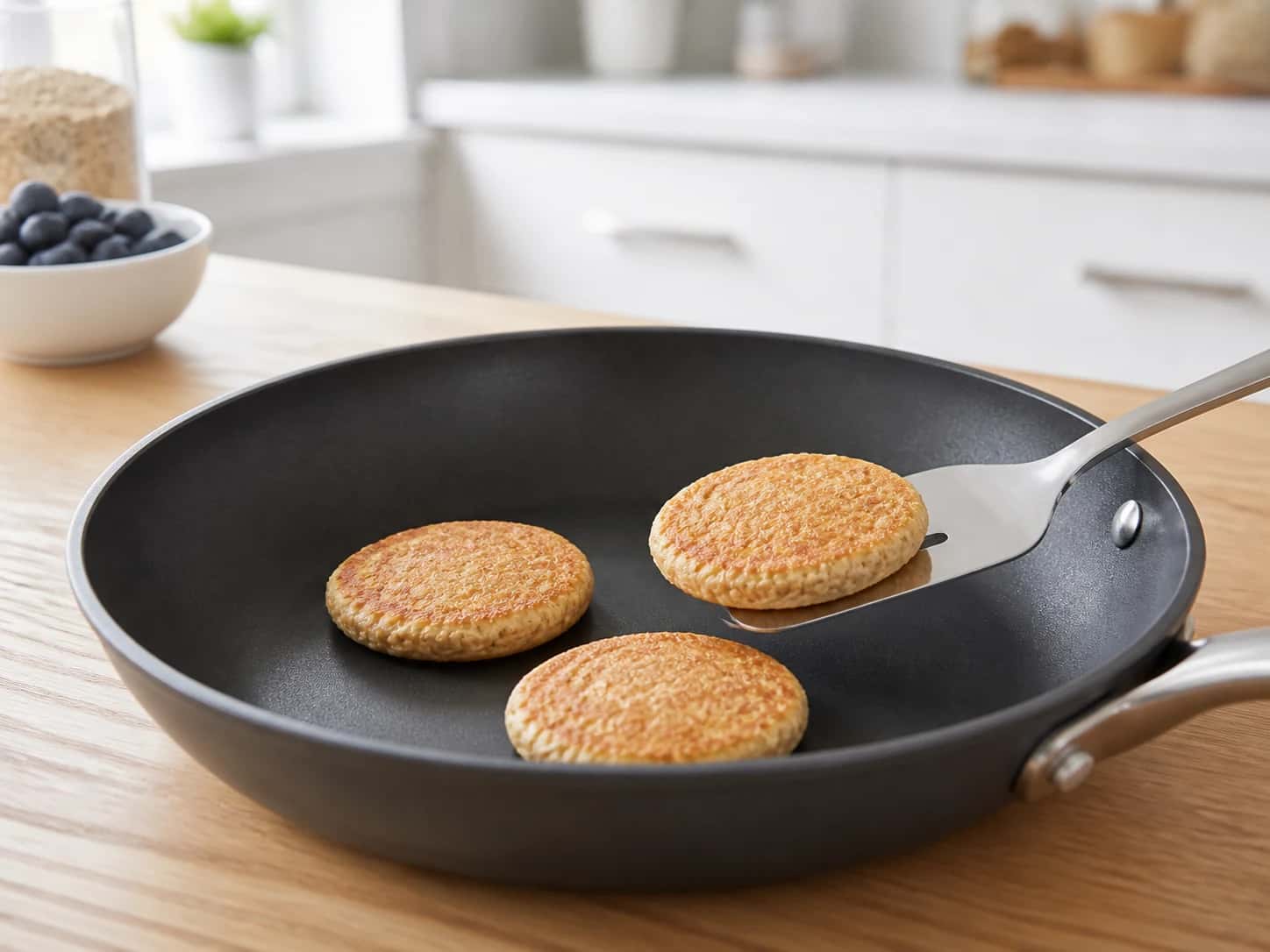 Step 4: Turn each pancake with a thin spatula and cook for another 2 minutes. Stack them briefly to check that every center is matte and fully set with no wet batter; the egg-containing pancakes must reach 160 degrees F (71.1 degrees C).