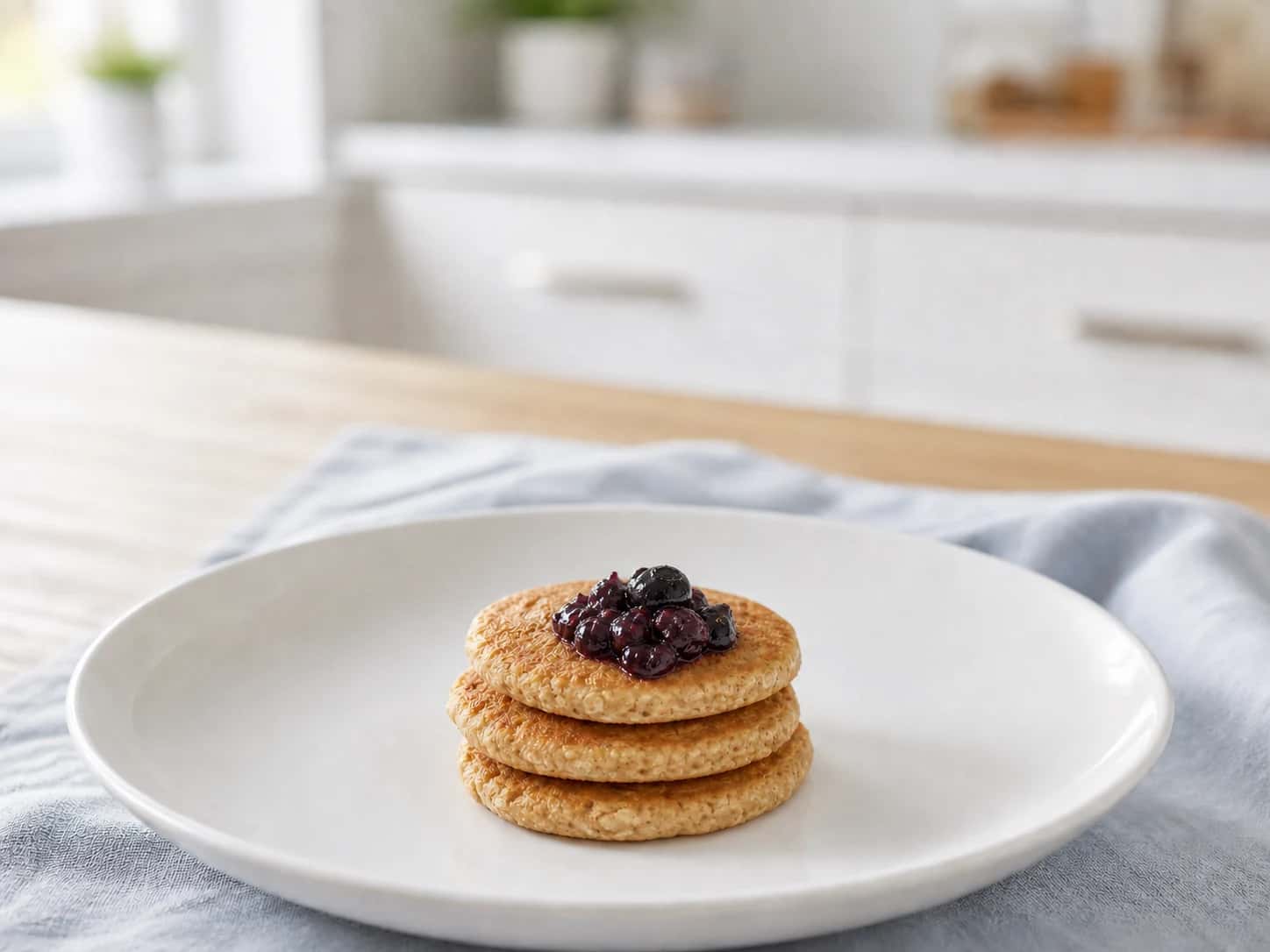 Step 5: Put the reserved crushed blueberries and remaining water in the clean skillet and simmer for 1 to 2 minutes until the berries collapse into a loose topping. Stack the three pancakes, spoon the blueberries over the center, cool for at least 10 minutes, and cut into bite-size pieces before serving.