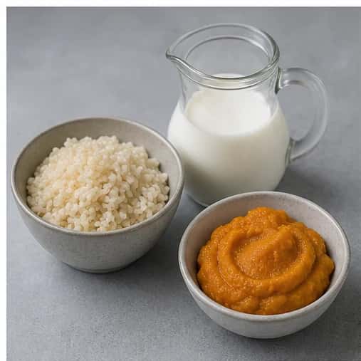 Step 1: Choose the dog-size column and weigh every ingredient. Check that the goat milk is pasteurized, plain, unsweetened, and contains no xylitol or flavoring.