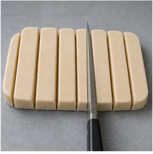 Step 4: Freeze for 3 to 4 hours until firm. Lift out the slab, remove all parchment, and cut it into eight slim bars with a warm clean knife.