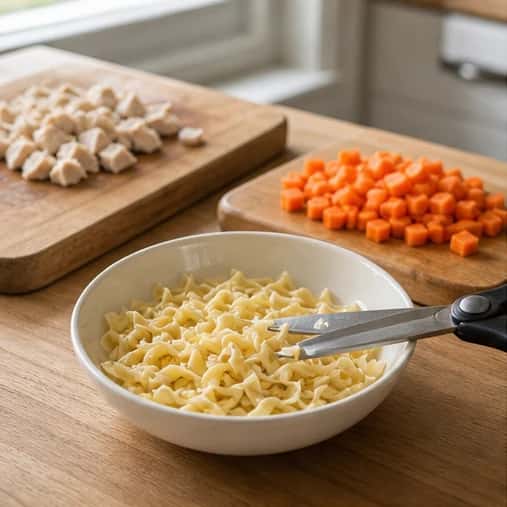 Step 1: Choose the dog-size column and weigh every ingredient. Cut the chicken and carrot into pieces no larger than 1 cm and snip the cooked noodles into 1 cm lengths.