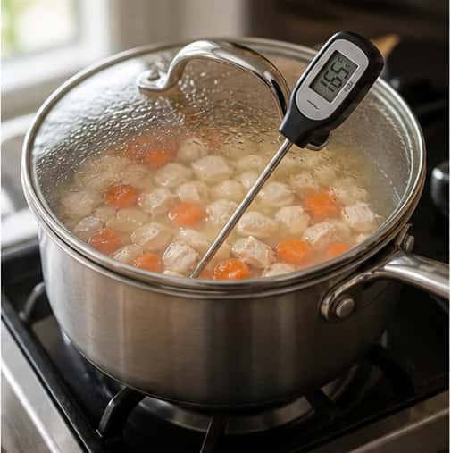 Step 2: Put the chicken, carrot, and water in a small saucepan. Bring to a gentle simmer, cover, and cook for 10 to 12 minutes until the carrot crushes easily and chicken reaches 165 degrees F (73.9 degrees C).