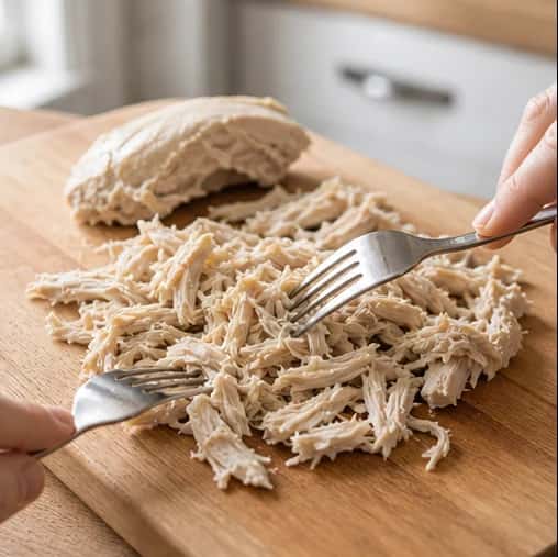 Step 3: Remove the chicken and shred it finely with two clean forks. Return it to the saucepan and discard any firm connective tissue.