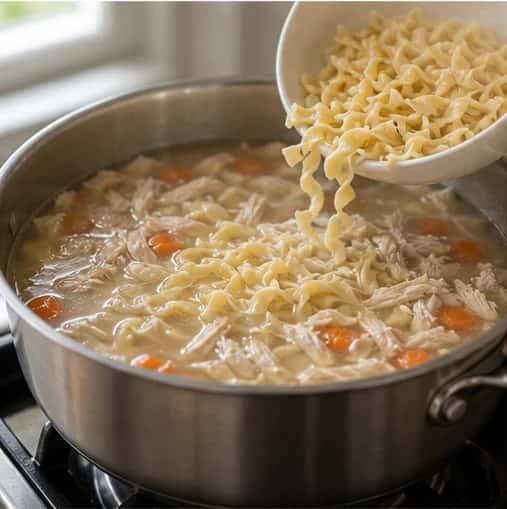 Step 4: Add the short cooked noodles and simmer for 1 to 2 minutes, just until they are very soft. Add no broth cube, stock concentrate, seasoning, or oil.