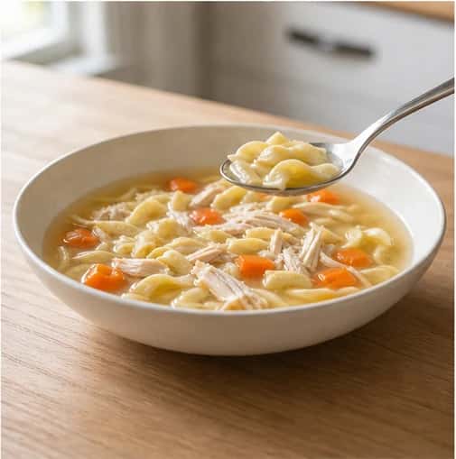 Step 5: Spoon the soup into a shallow bowl with the chicken, carrot, and noodles visible through the clear liquid. Cool fully and check noodle length before serving.