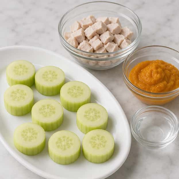 Step 1: Choose the dog-size column and weigh every ingredient. Peel the cucumber and cut eight thick, stable rounds.