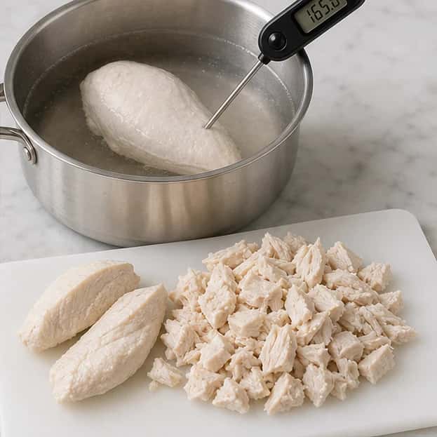 Step 2: Poach the chicken in plain water until it reaches 165 degrees F (73.9 degrees C), then cool and chop.