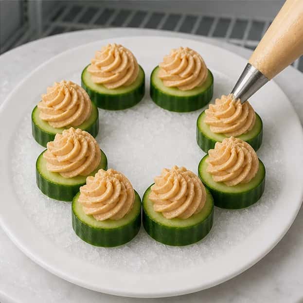 Step 4: Pipe one small rosette onto each stable cucumber round and chill for 15 minutes. Serve cool rather than frozen, one supervised bite at a time, before the cucumber releases excess water.