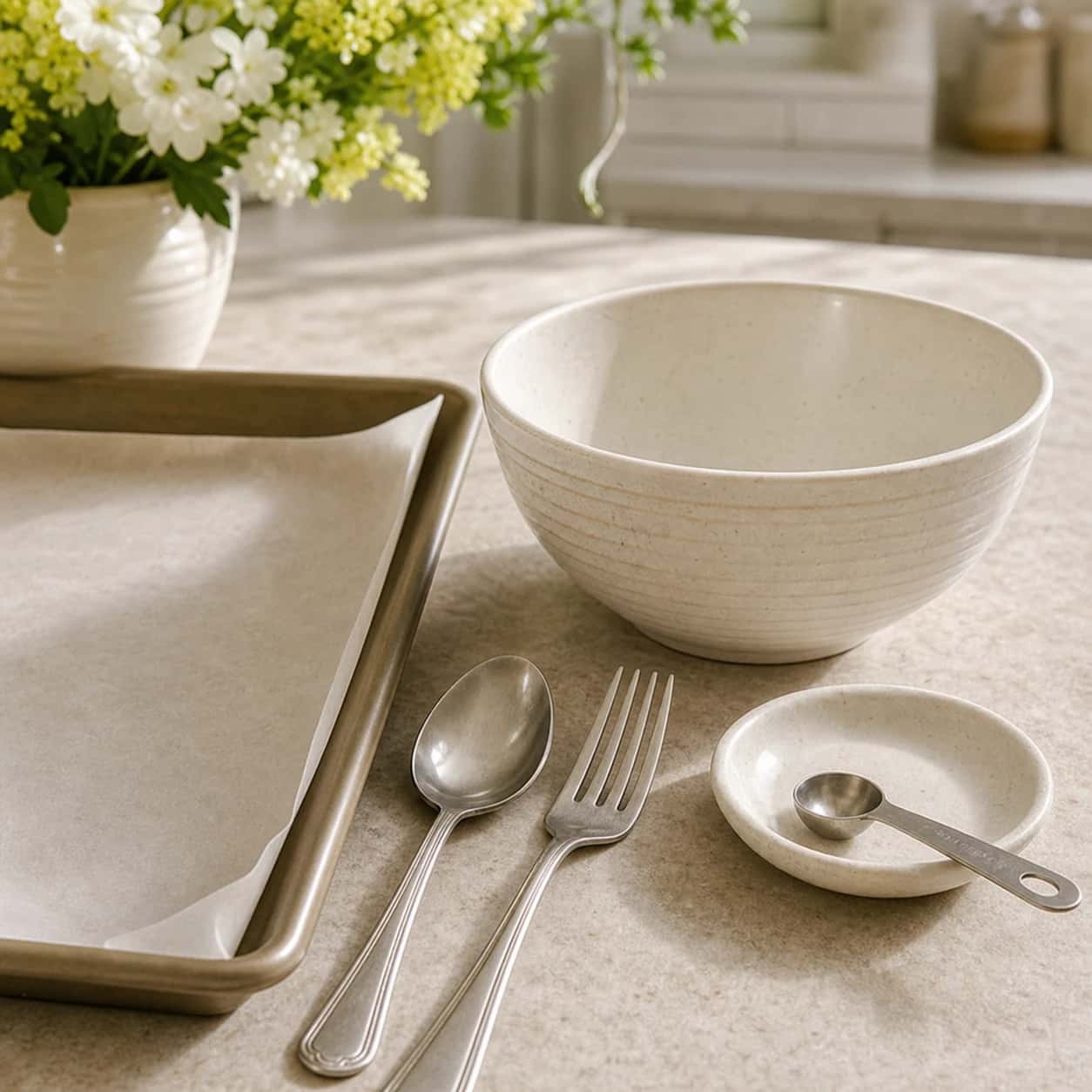 Step 1: Heat the oven to 350 degrees F. Line a baking sheet with parchment and set out a bowl, spoon, fork, and measuring spoon.