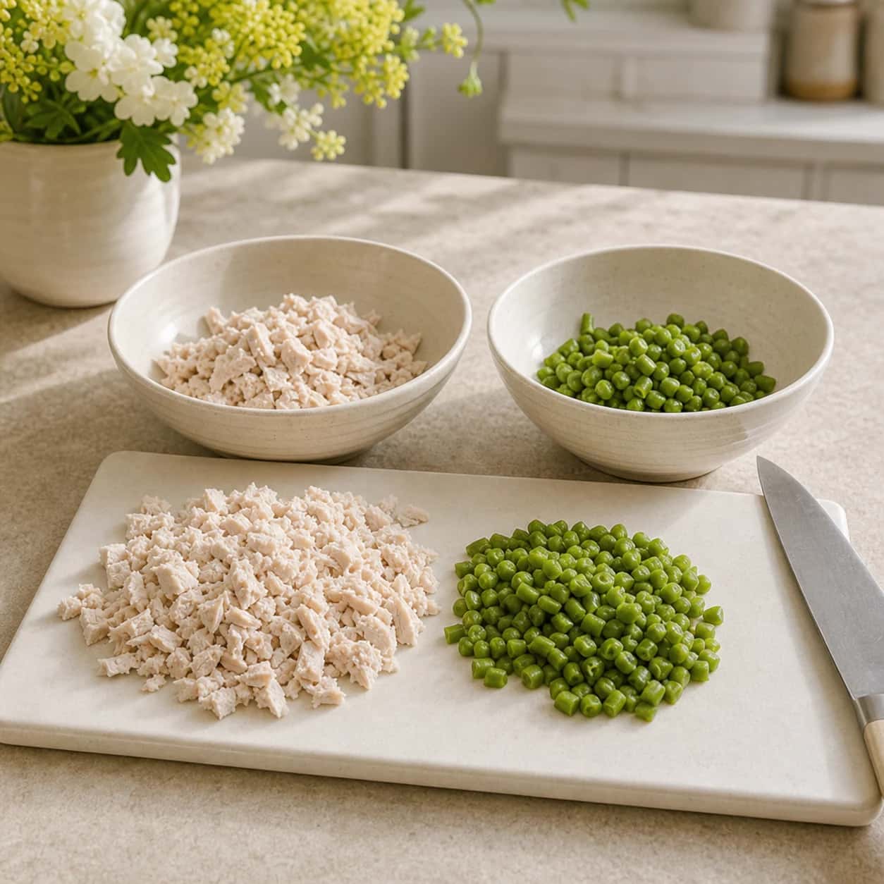 Step 2: Finely chop the plain cooked turkey breast and cooked green beans. Check that both are plain, with no salt, oil, onion, garlic, or seasoning.