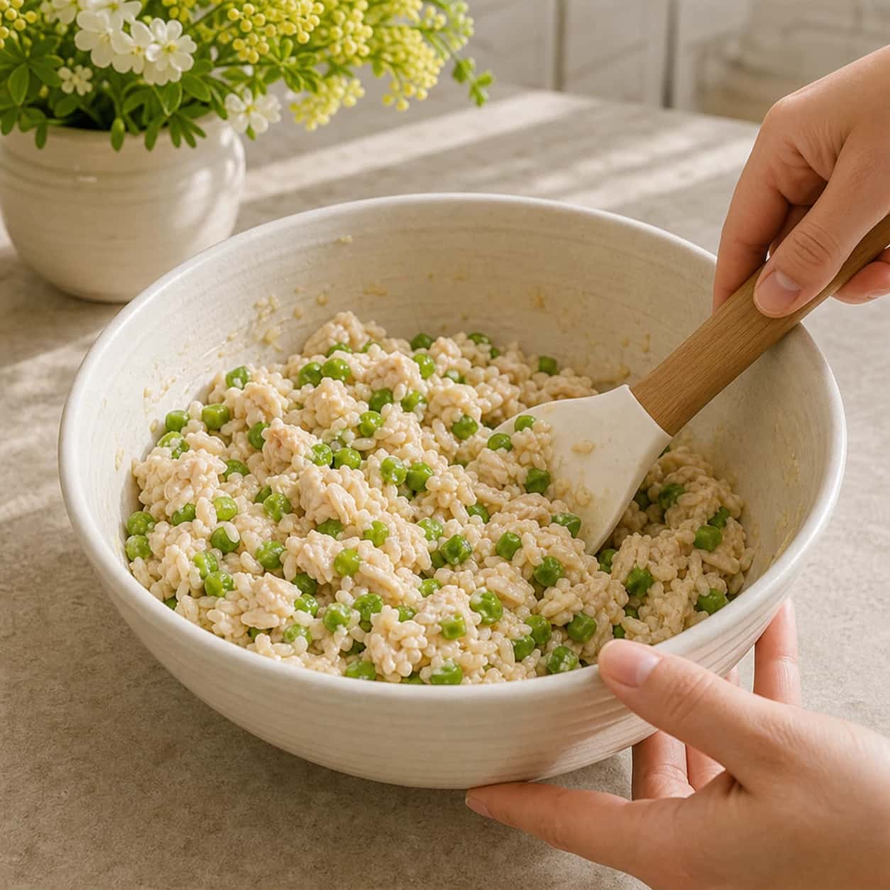 Step 3: Stir the turkey, green beans, cooked white rice, and beaten egg together until the mixture is moist and holds together.