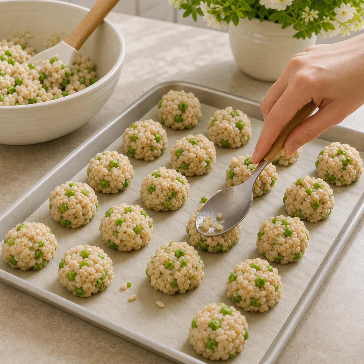 Step 4: Spoon small compact bites onto the baking sheet. Press loose rice grains back into each bite so they do not fall apart.
