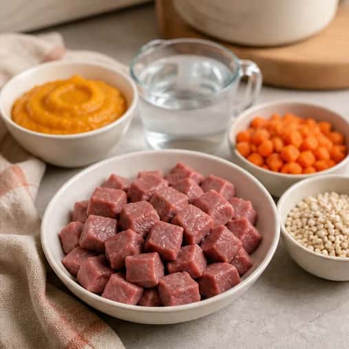 Step 1: Choose the dog-size column and weigh every ingredient. Trim all visible fat from the lamb and cut it into uniform 1/2-inch (1.25 cm) cubes.