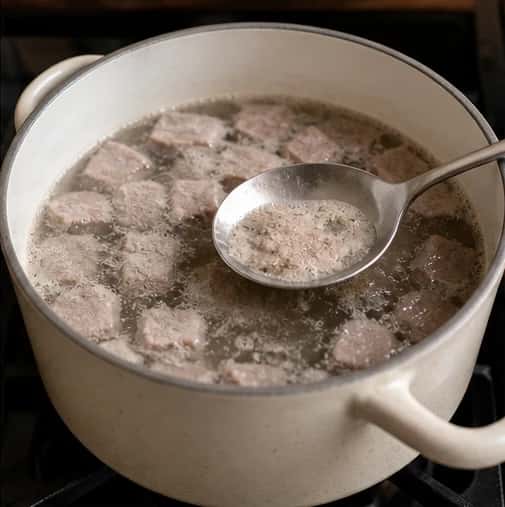 Step 2: Put the lamb and measured water in a small saucepan. Bring to a gentle simmer, skim away foam and fat, then cover and cook on low for 35 to 45 minutes.