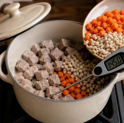 Step 3: Add the soft carrot and fully cooked barley. Continue simmering uncovered for 8 minutes, stirring often, until the lamb is fork-tender and reaches at least 145 degrees F (62.8 degrees C).