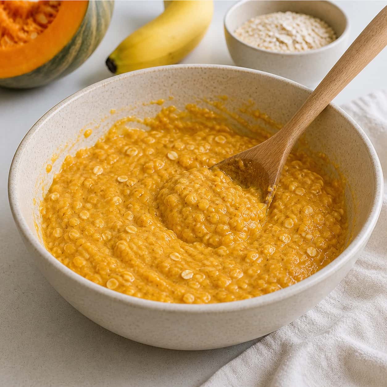 Step 2: Mix the pumpkin, banana, oat flour, and beaten egg.
