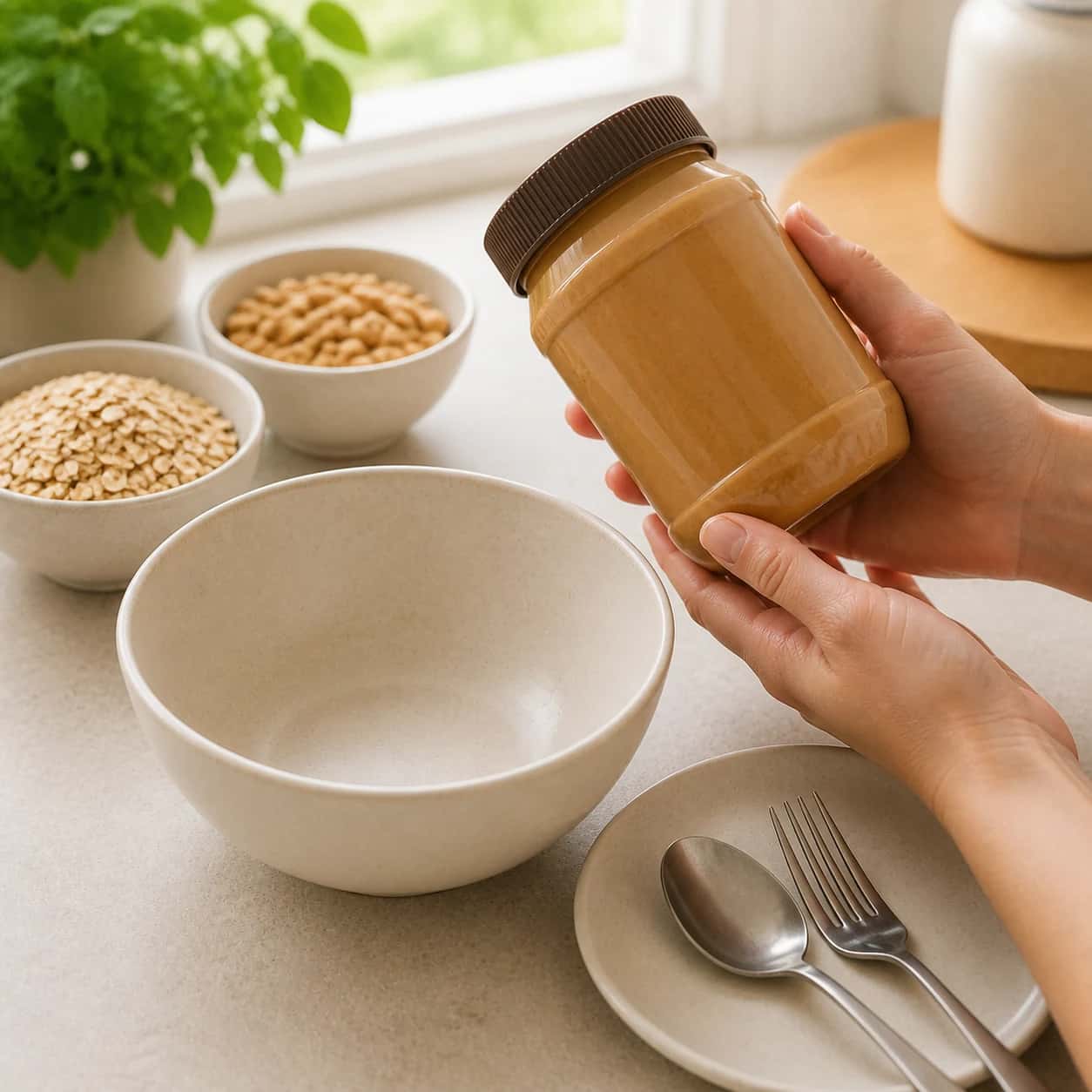 Step 1: Set out a bowl, spoon, fork, and plate. Check the peanut butter label before measuring anything.