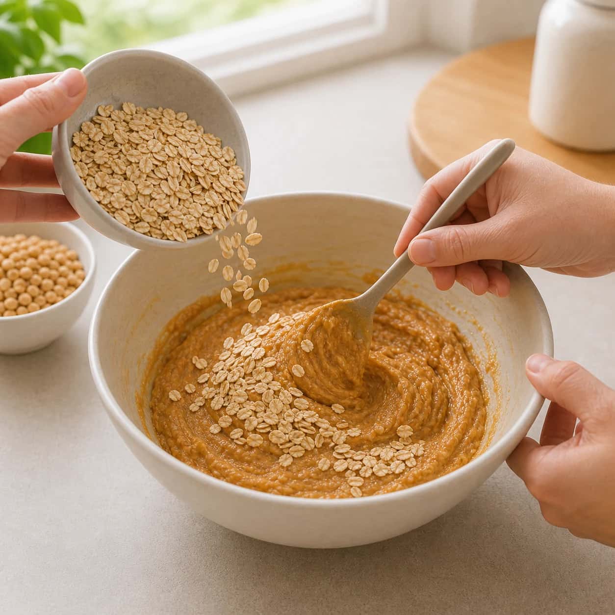 Step 3: Stir the pumpkin puree and peanut butter together until smooth, then add the oats a little at a time.