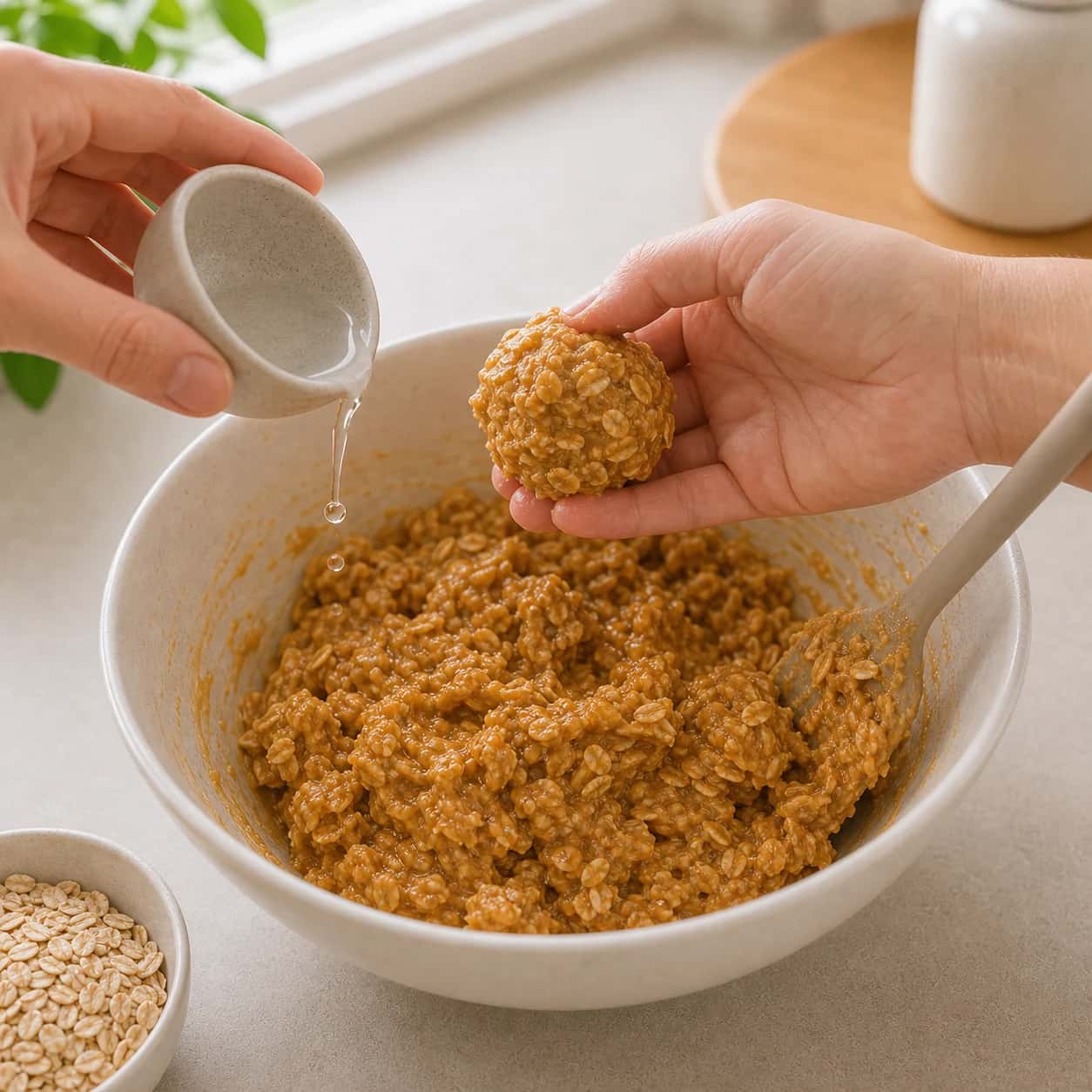 Step 4: Add water only if the mixture feels dry. Stop when it can be pressed into a soft ball without crumbling.