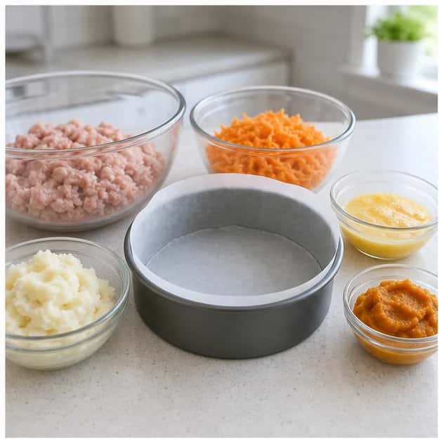 Step 1: Choose the dog-size column and weigh every ingredient. Heat the oven to 350 degrees F (176.7 degrees C) and line a small round pan.