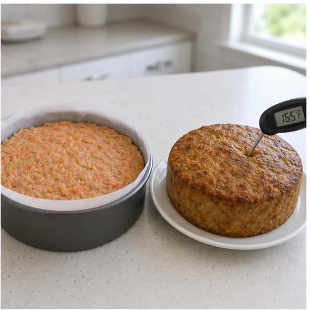Step 2: Mix turkey, carrot, and egg, press firmly into the pan, and bake until the center reaches 165 degrees F (73.9 degrees C).