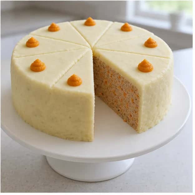 Step 4: Pipe seven tiny pumpkin dots around the chilled cake, then chill for another 15 minutes so the potato coating firms. Cut eight equal measured wedges and serve only the selected dog-size portion.