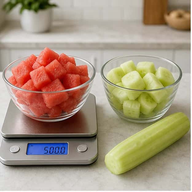 Step 1: Choose the dog-size column and weigh every ingredient. Remove all watermelon rind and every seed, and peel the cucumber.