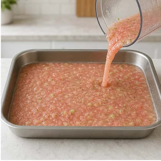 Step 2: Blend the watermelon and cucumber briefly until pulpy, then pour into a shallow pan.