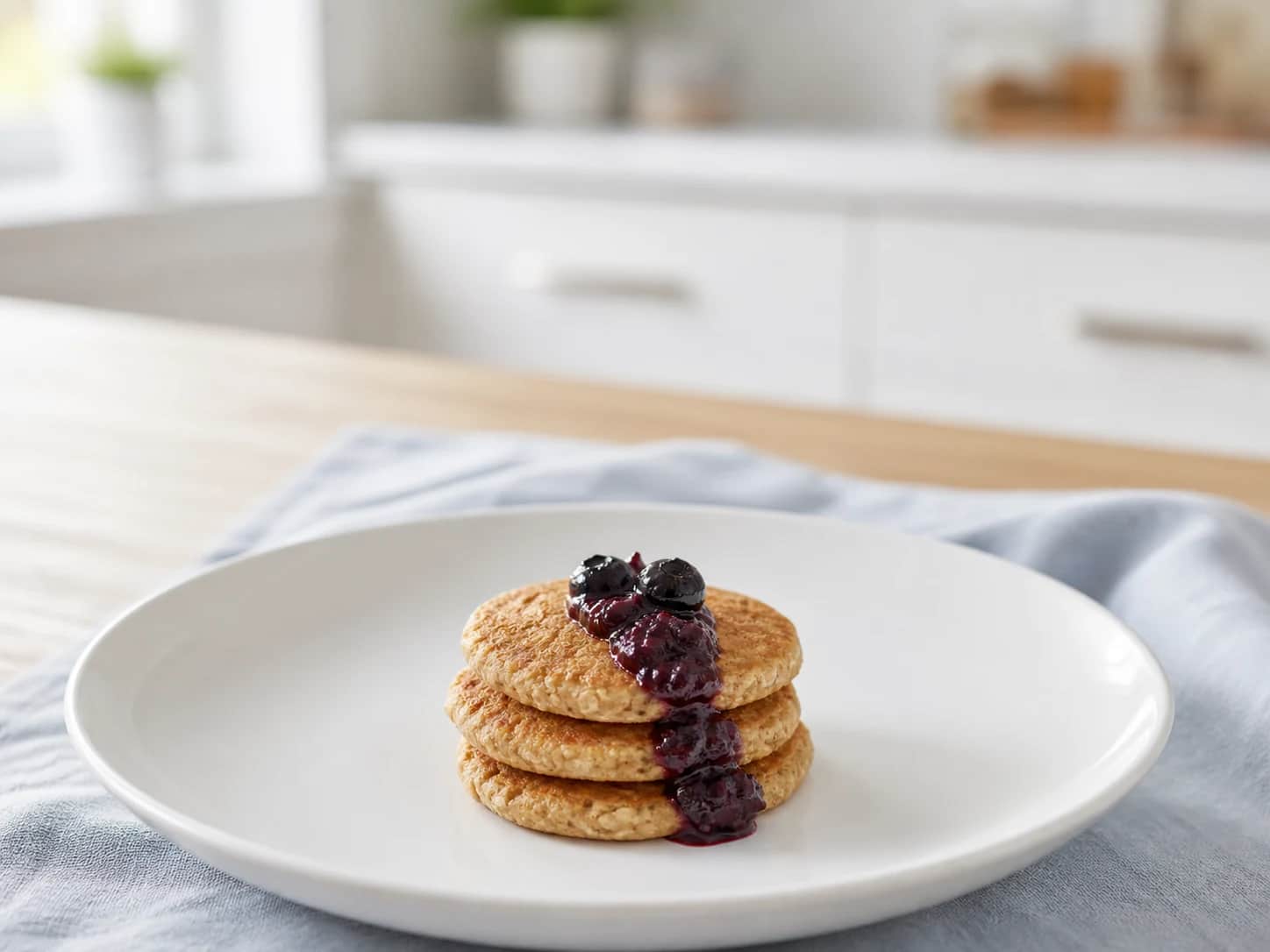 Three miniature oat pancakes stacked with a plain crushed blueberry topping