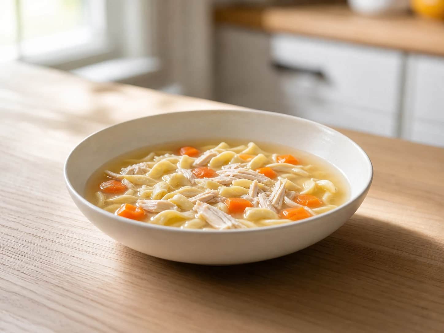 A clear chicken noodle soup with short noodles and soft carrot
