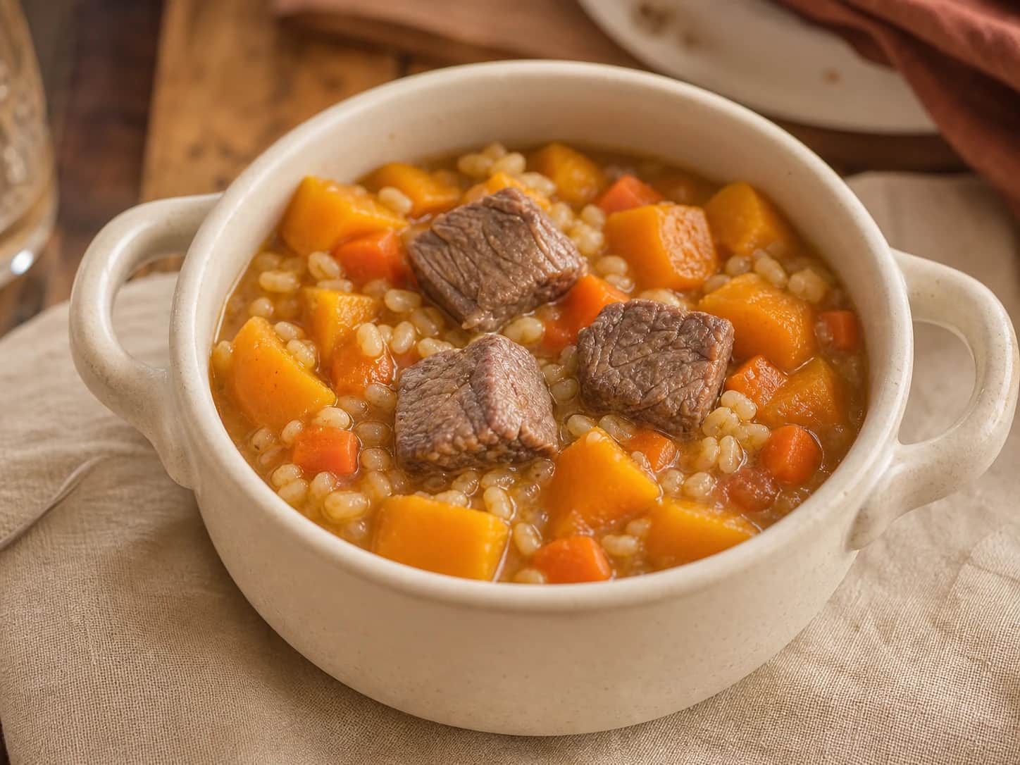 A small cream cocotte filled with thick lamb pumpkin barley stew
