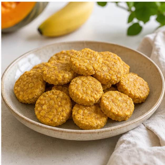 Golden pumpkin banana oat buttons arranged on a linen-lined ceramic plate.