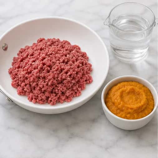 Step 1: Choose the dog-size column and weigh every ingredient. Put the beef in a small nonstick pan with half of the measured water.