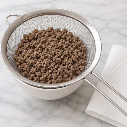 Step 3: Drain and blot away all rendered fat. Reserve one quarter of the crumbles for texture.