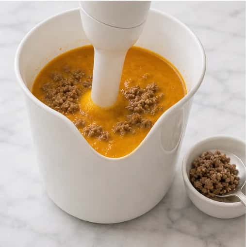 Step 4: Blend the remaining beef with the pumpkin and remaining water until smooth, then warm it gently for 2 minutes without boiling.