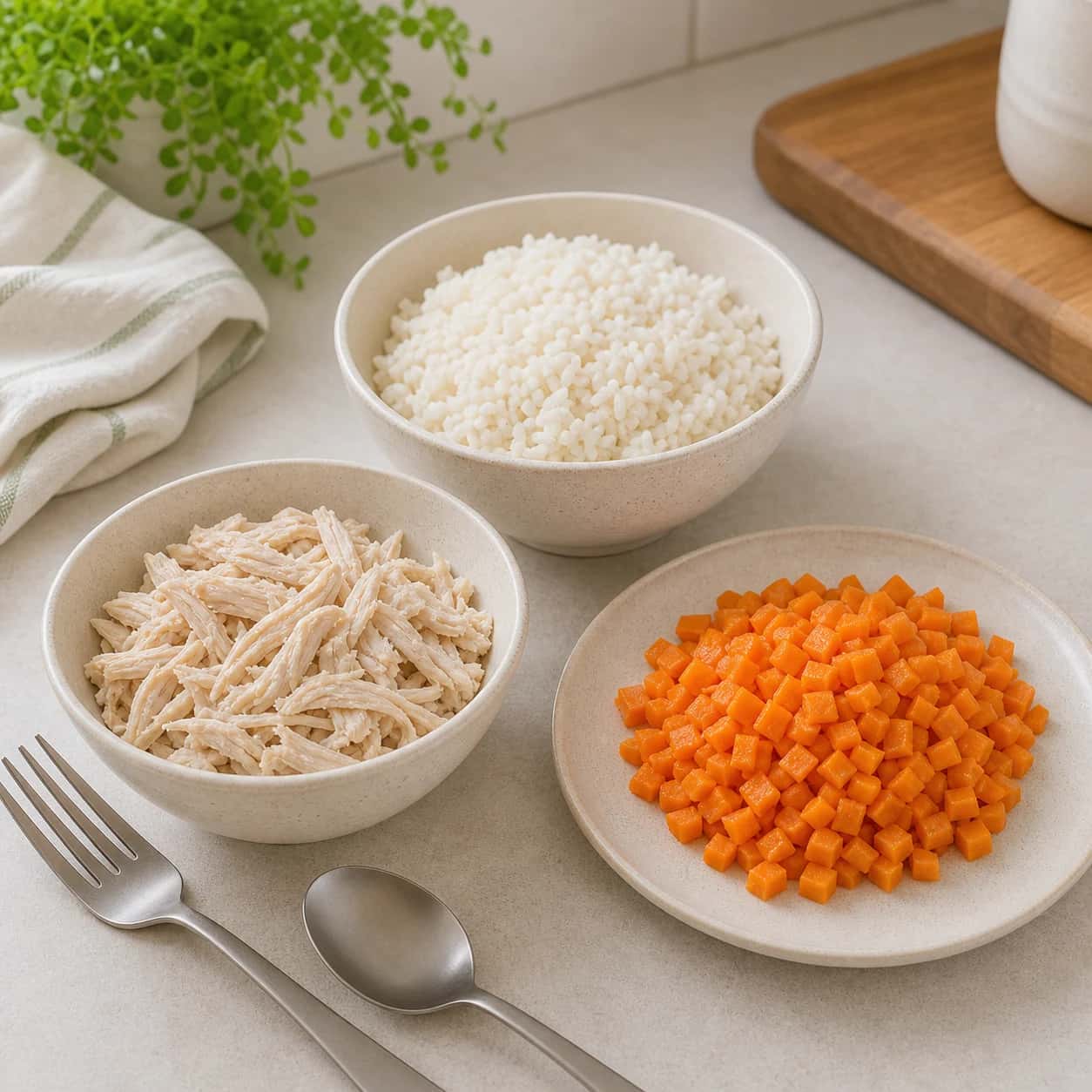 Step 1: Set out one bowl, fork, spoon, and plate. Use fully cooked and cooled chicken, rice, and carrot.