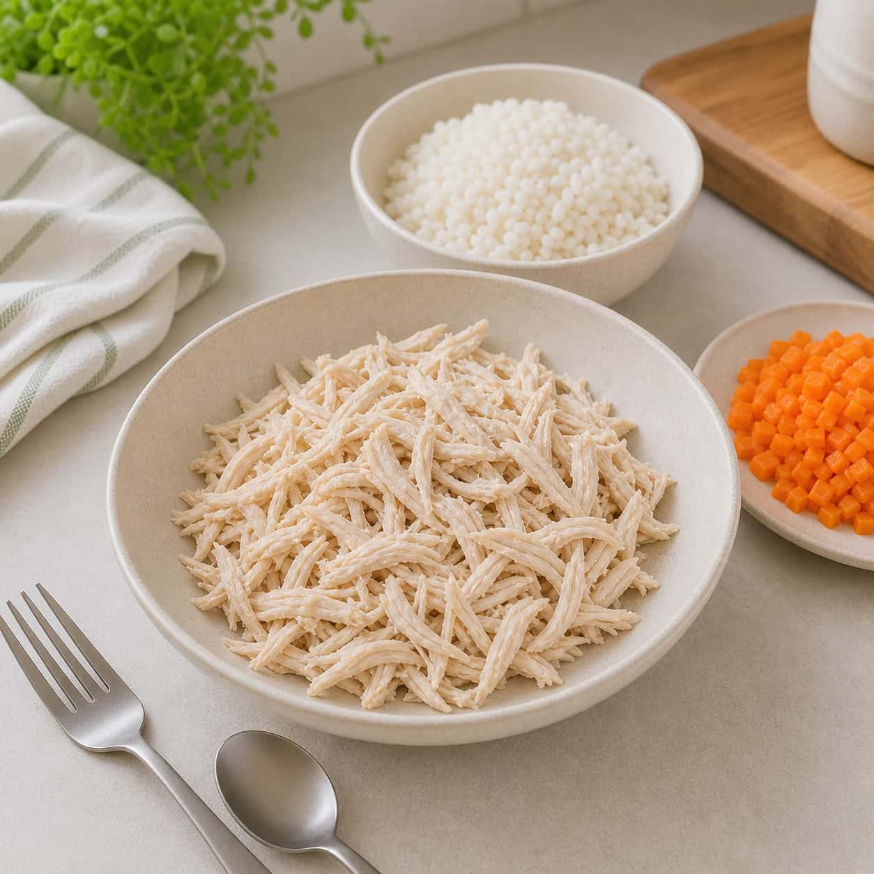 Step 2: Finely shred the plain cooked chicken breast and check that there are no bones, skin, salt, oil, onion, garlic, or seasoning.