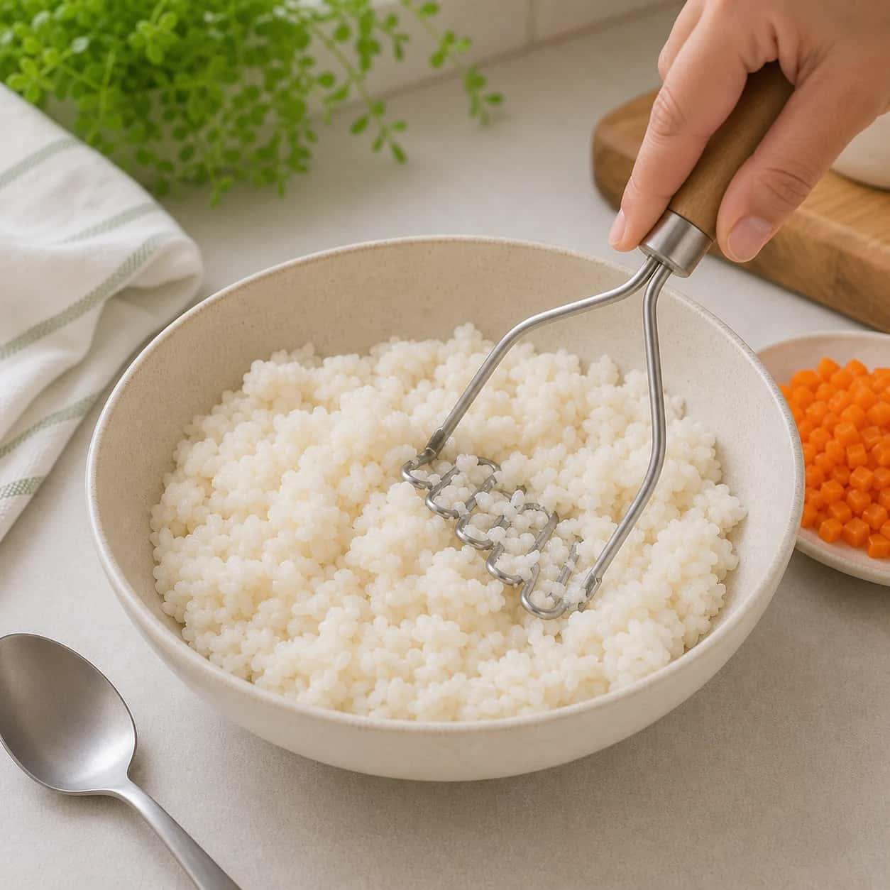 Step 3: Mash the cooked rice lightly with water so it becomes sticky enough to hold its shape.