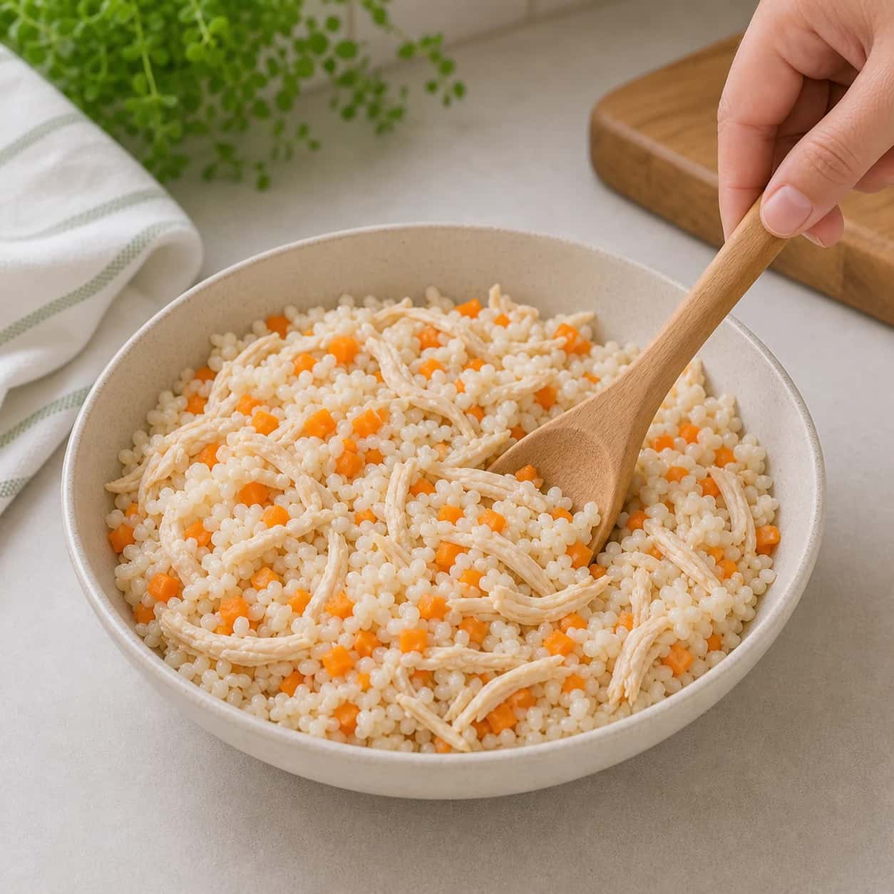 Step 4: Stir in the shredded chicken and finely chopped cooked carrot until everything is evenly mixed.