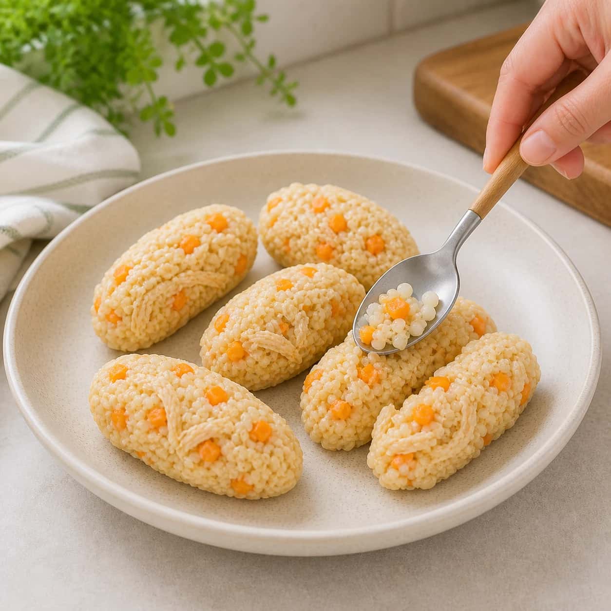 Step 5: Press small spoonfuls into short soft rolls on the plate. Keep them loose enough to break apart easily when served.