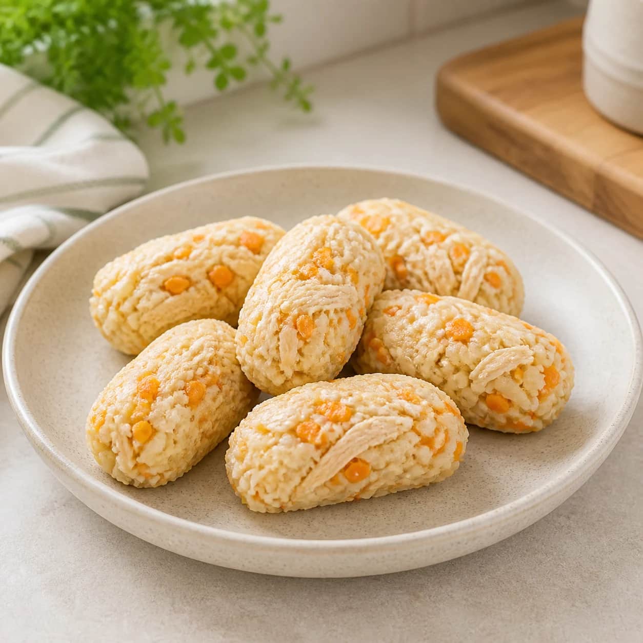 Finished Chicken Carrot Rice Rolls dog treat arranged for serving.