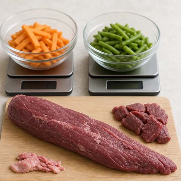 Step 1: Choose the dog-size column and weigh every ingredient. Trim all visible fat from the beef and cut the vegetables into even batons.