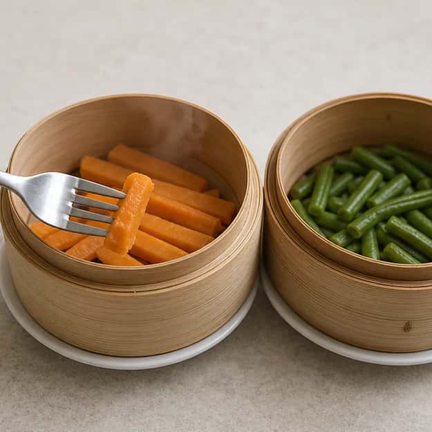 Step 2: Steam the sweet potato and green beans separately until tender enough to crush with a fork.